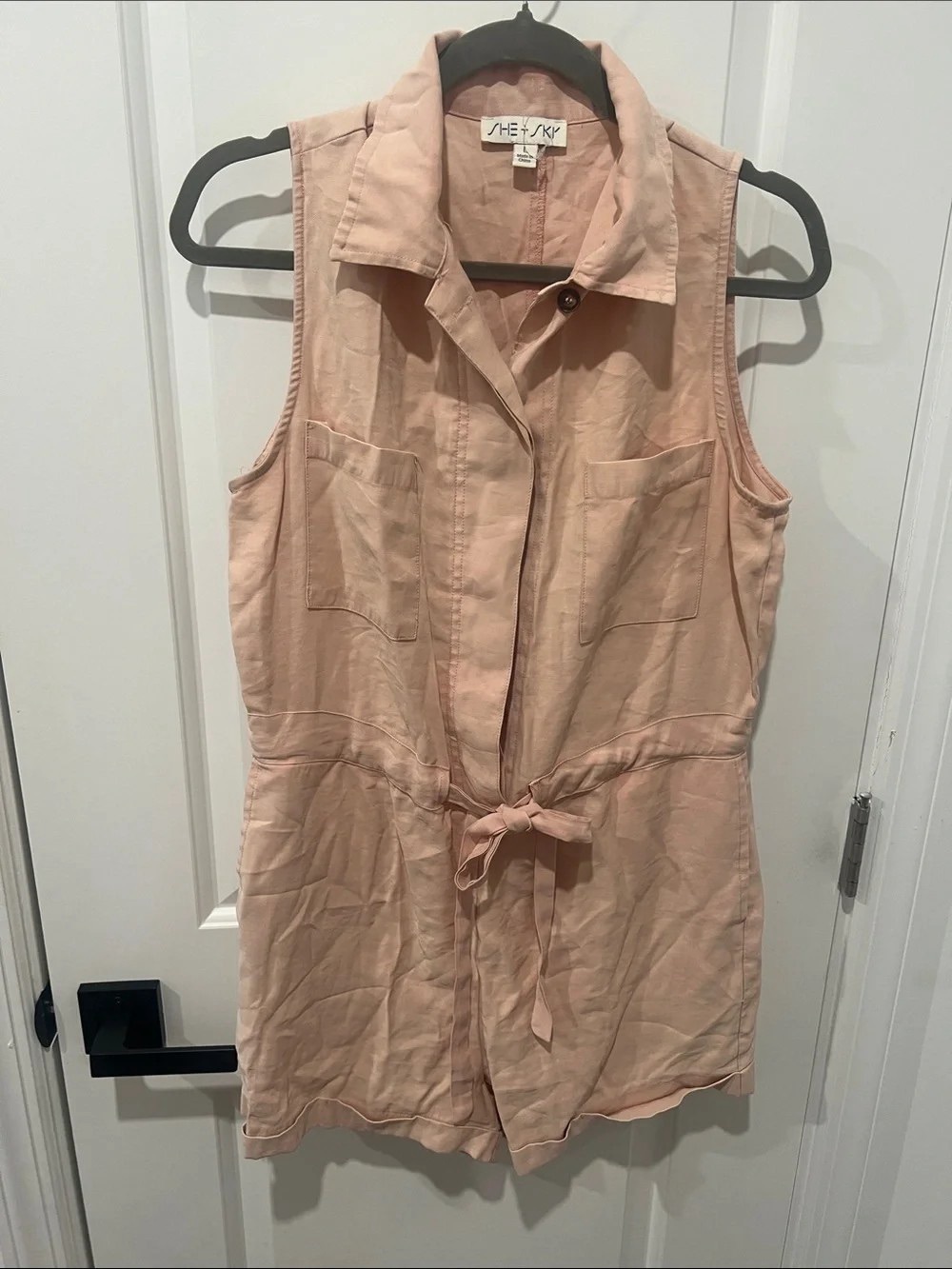 She + Sky Sleeveless Tie-Waist Utility Romper in Blush